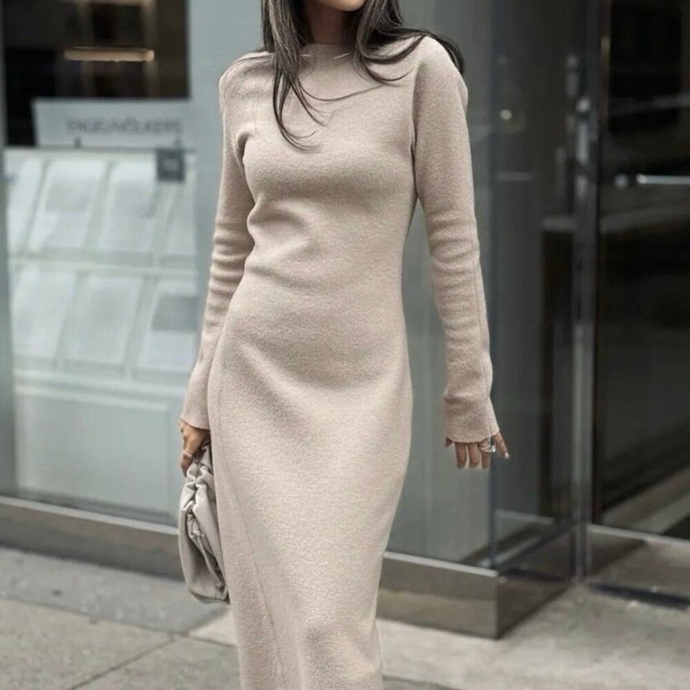 Zara Beige Long Sleeve Midi Dress